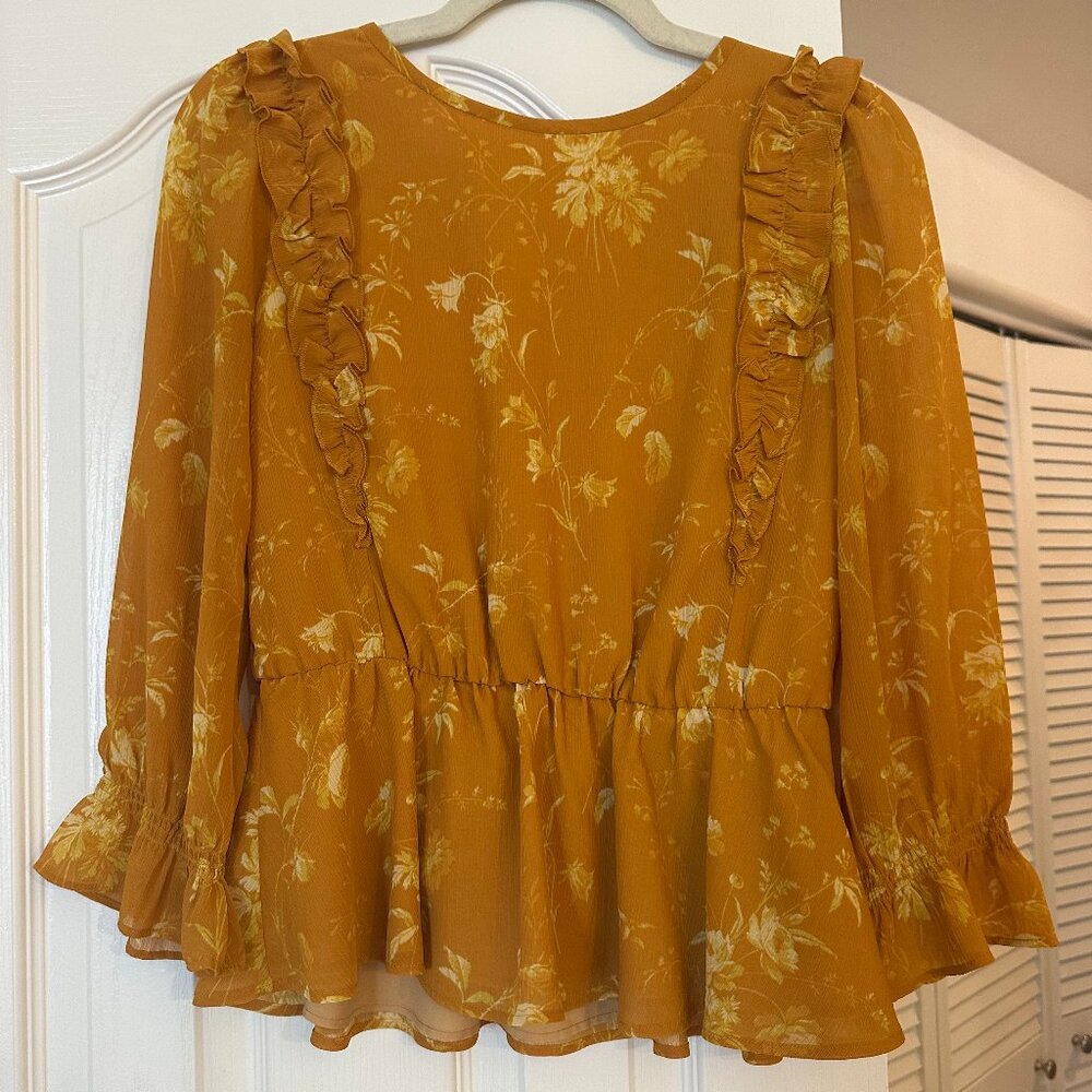 Madewell Mustard Yellow Floral Frilled Peplum Long Sleeve Blouse - XS